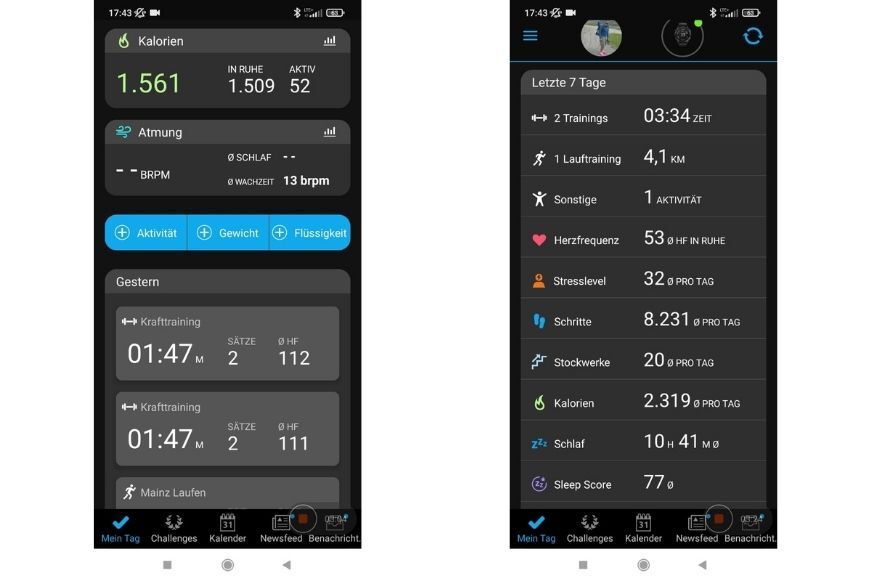 Man sieht die Garmin Connect App auf dem Handy. 